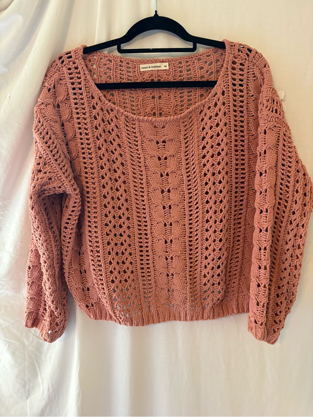 moon & madison Dusty Rose Crochet Scoop Neck Sweater